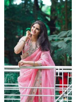 Isadora Life - Womens Embroidered Sequined Pink Pre-Draped Saree With Unstitched Blouse