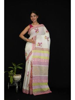 Isadora Life - Womens Floral Hand Block White Pre-Draped Saree With Unstitched Blouse