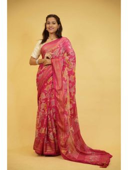 Isadora Life - Womens Floral Printed Pink Pre-Draped Saree With Unstitched Blouse