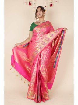 Isadora Life - Womens Woven Zari Pink Pre-Draped Saree With Unstitched Blouse