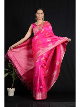 Isadora Life - Womens Paisley Zari Pink Pre-Draped Saree With Unstitched Blouse