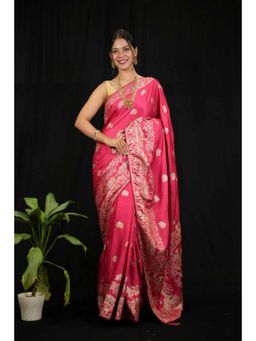 Isadora Life - Womens Woven Zari Pink Pre-Draped Saree With Unstitched Blouse