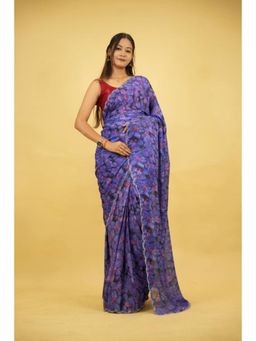 Isadora Life - Womens Floral Printed Blue Pre-Draped Saree With Unstitched Blouse