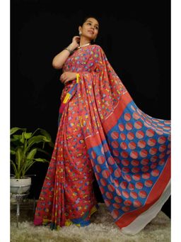 Isadora Life - Womens Block Print Red Pre-Draped Saree With Unstitched Blouse