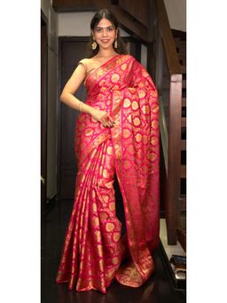 Isadora Life - Womens Woven Zari Pink Pre-Draped Saree With Unstitched Blouse