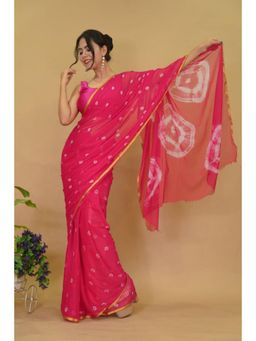 Isadora Life - Womens Bandhani Printed Pink Pre-Draped Saree With Unstitched Blouse