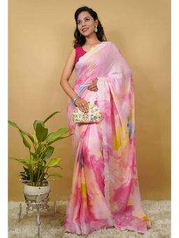 Isadora Life - Womens Tie & Dye Sequined Pink Pre-Draped Saree With Unstitched Blouse
