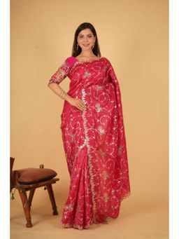Isadora Life - Womens Embroidered Sequined Pink Pre-Draped Saree With Unstitched Blouse