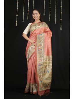 Isadora Life - Womens Printed Tassels Coral Pre-Draped Saree With Unstitched Blouse