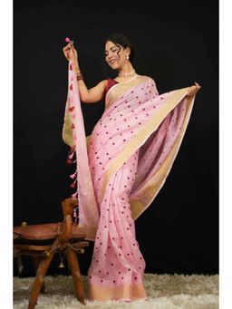 Isadora Life - Womens Embroidered Tassels Pink Pre-Draped Saree With Unstitched Blouse