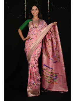Isadora Life - Womens Floral Tassels Pink Pre-Draped Saree With Unstitched Blouse