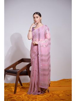 Isadora Life - Womens Sequined Tassels Pink Pre-Draped Saree With Unstitched Blouse