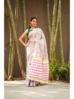 Isadora Life - Womens Floral Printed White Pre-Draped Saree With Unstitched Blouse