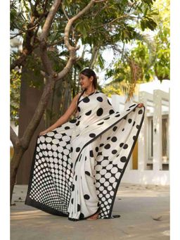 Isadora Life - Womens Polka Dots Printed White Pre-Draped Saree With Unstitched Blouse