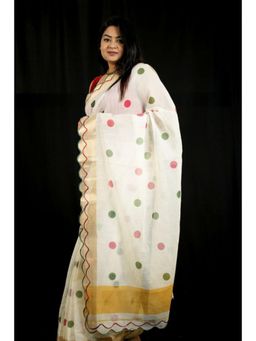 Isadora Life - Womens Polka Dots Zari White Pre-Draped Saree With Unstitched Blouse