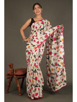 Isadora Life - Womens Floral Printed White Pre-Draped Saree With Unstitched Blouse