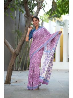 Isadora Life - Womens Floral Printed Lavender Pre-Draped Saree With Unstitched Blouse