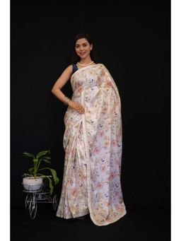 Isadora Life - Womens Floral Printed White Pre-Draped Saree With Unstitched Blouse