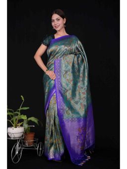 Isadora Life - Womens Woven Tassels Blue Pre-Draped Saree With Unstitched Blouse