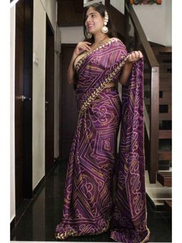 Isadora Life - Womens Bandhani Printed Purple Pre-Draped Saree With Unstitched Blouse