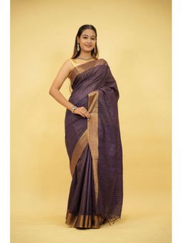 Isadora Life - Womens Stripes Sequined Purple Pre-Draped Saree With Unstitched Blouse