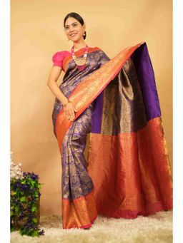 Isadora Life - Womens Woven Zari Blue Pre-Draped Saree With Unstitched Blouse