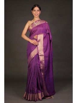Isadora Life - Womens Stripes Tassels Purple Pre-Draped Saree With Unstitched Blouse