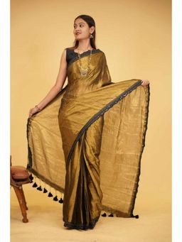 Isadora Life - Womens Woven Tassels Gold Pre-Draped Saree With Unstitched Blouse