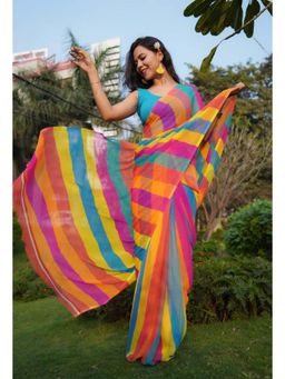 Isadora Life - Womens Printed Stripes Multi-Color Pre-Draped Saree With Unstitched Blouse