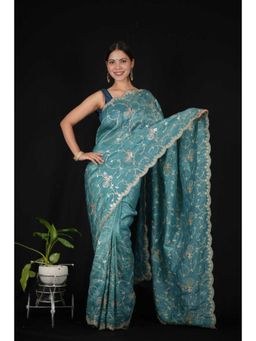 Isadora Life - Womens Embroidered Sequined Blue Pre-Draped Saree With Unstitched Blouse