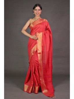 Isadora Life - Womens Stripes Tassels Red Pre-Draped Saree With Unstitched Blouse