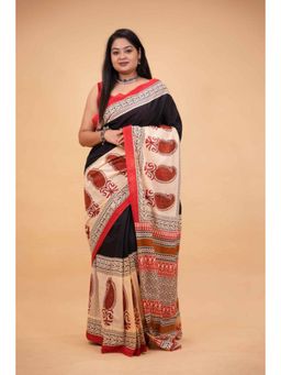 Isadora Life - Womens Printed Black Pre-Draped Saree With Unstitched Blouse