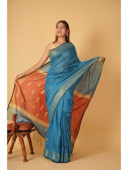 Isadora Life - Womens Paisley Tassels Blue Pre-Draped Saree With Unstitched Blouse