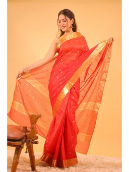 Isadora Life - Womens Woven Zari Red Pre-Draped Saree With Unstitched Blouse