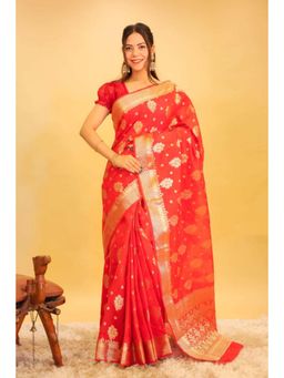 Isadora Life - Womens Woven Zari Red Pre-Draped Saree With Unstitched Blouse