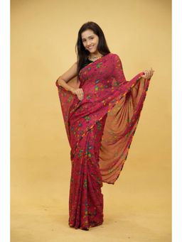 Isadora Life - Womens Printed Pink Pre-Draped Saree With Unstitched Blouse