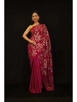 Isadora Life - Womens Floral Sequined Red Pre-Draped Saree With Unstitched Blouse