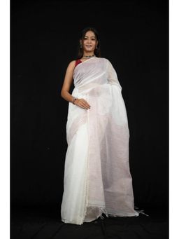 Isadora Life - Womens Stripes Tassels White Pre-Draped Saree With Unstitched Blouse