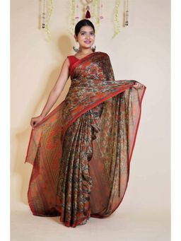 Isadora Life - Womens Floral Printed Multi-Color Pre-Draped Saree With Unstitched Blouse
