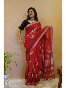 Isadora Life - Womens Printed Tassels Red Pre-Draped Saree With Unstitched Blouse