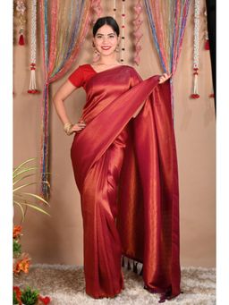 Isadora Life - Womens Woven Tassels Red Pre-Draped Saree With Unstitched Blouse