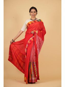 Isadora Life - Womens Printed Red Pre-Draped Saree With Unstitched Blouse
