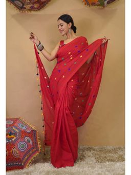 Isadora Life - Womens Embroidered Tassels Red Pre-Draped Saree With Unstitched Blouse