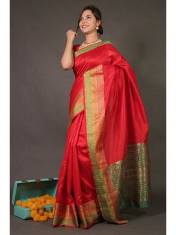 Isadora Life - Womens Woven Zari Red Pre-Draped Saree With Unstitched Blouse