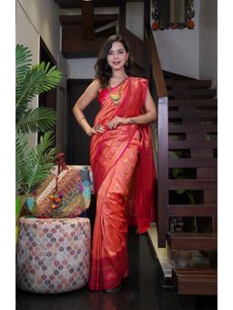 Isadora Life - Womens Woven Zari Orange Pre-Draped Saree With Unstitched Blouse
