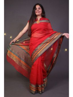 Isadora Life - Womens Woven Zari Red Pre-Draped Saree With Unstitched Blouse