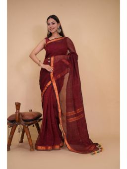 Isadora Life - Womens Woven Tassels Maroon Pre-Draped Saree With Unstitched Blouse