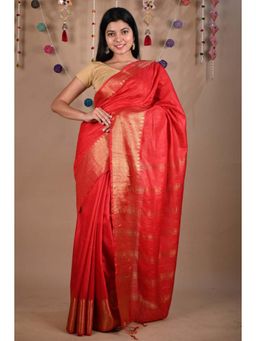 Isadora Life - Womens Woven Tassels Red Pre-Draped Saree With Unstitched Blouse