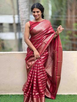 Isadora Life - Womens Woven Zari Pink Pre-Draped Saree With Unstitched Blouse