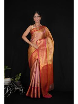 Isadora Life - Womens Woven Zari Orange Pre-Draped Saree With Unstitched Blouse